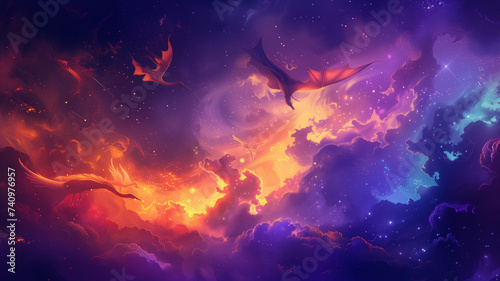 A fantasy concept illustration, abstract shapes transforming into a celestial scene with dragons and phoenixes amidst starry skies.