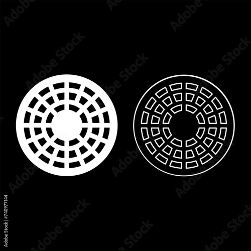 Sewer hatch manhole cover set icon white color vector illustration image solid fill outline contour line thin flat style