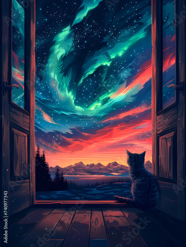Fantasy landscape with a cat on the background of the night sky