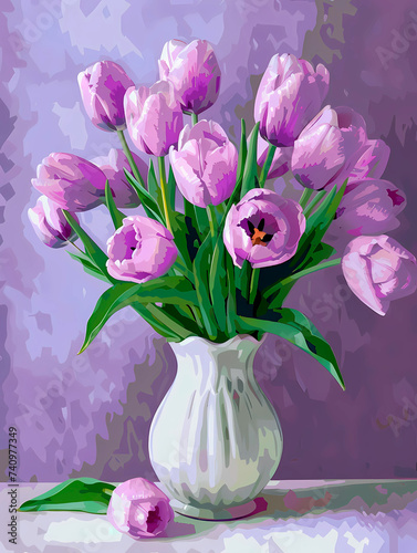 Bouquet of purple tulips in a vase. 