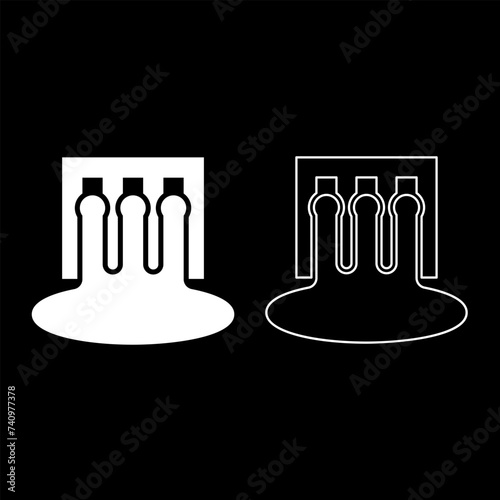 Hydro dam hydroelectric water power station hydropower energy technology plant powerhouse set icon white color vector illustration image solid fill outline contour line thin flat style