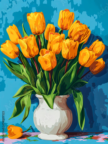 Bouquet of yellow tulips in a vase. 