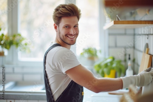 Handsome smiling 30 years old man cleaning beautiful scandinavic house indoors wearing apron. photo