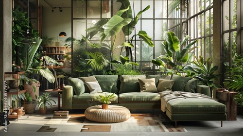 Interior design  an elegant and lush green living space filled with a variety of potted plants that enhance the air quality and add a natural touch to the modern home decor