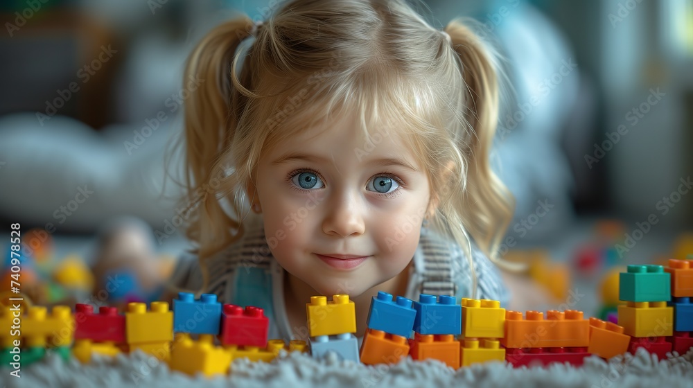 Little girl playing with colorful building blocks Little girl playing with colorful building blocks