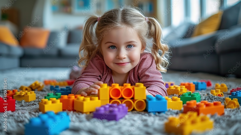 Little girl playing with colorful building blocks Little girl playing with colorful building blocks