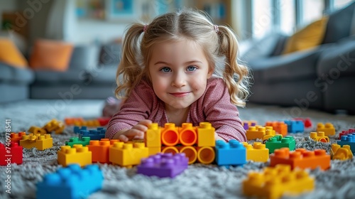  Little girl playing with colorful building blocks