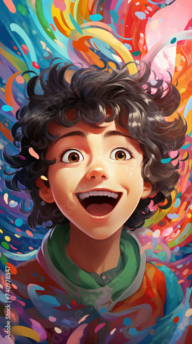 curly haired cartoon boy expressing a mix of emotions including shock, confusion, and disappointment Generative AI