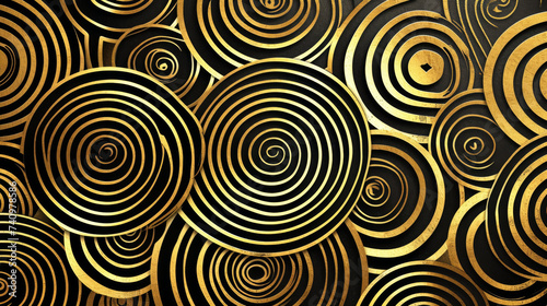 Abstract golden circular lines on a dark background in a hypnotic design style.
