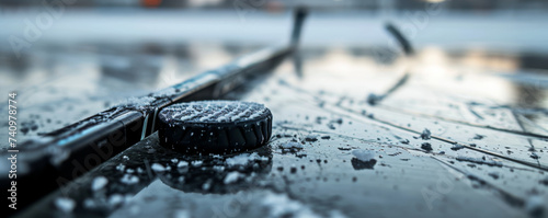 A black hockey stick and rubber puck rest on the smooth ice surface, poised for an exciting game of ice hockey. photo
