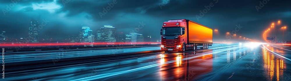 Highway traffic concept. Truck on highway, street in night time. Motion blur, light trails 