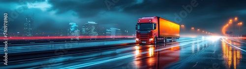 Highway traffic concept. Truck on highway, street in night time. Motion blur, light trails 