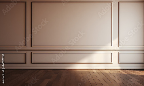 Fragment of an interior made of classic beige panels. Beige wall background in an empty room with brown parquet floor. 