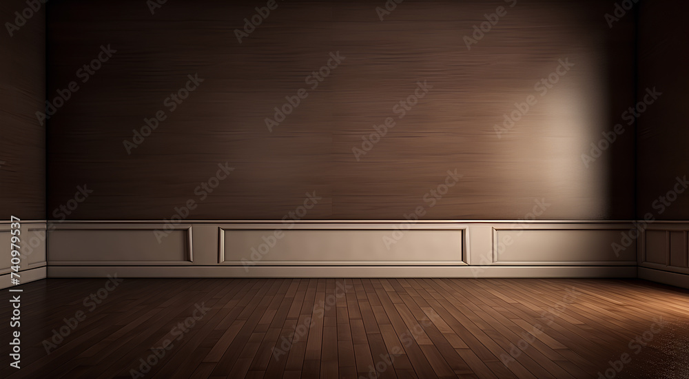 Fragment of an interior made of classic brown panels. Brown wall background with copy space in an empty room with brown parquet floor. Fragment of an interior made of classic brown panels. Brown wall background with copy space in an empty room with brown parquet floor.