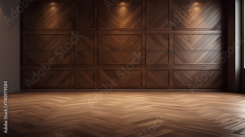 Fragment of an interior made of classic brown panels. Brown wall background with copy space in an empty room with brown parquet floor. © Tanuha
