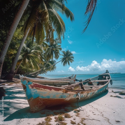 The image captures an old, painted wooden boat with signs of wear and chipping paint, beached on pristine white sand underneath the shade of lush, green palm trees. The azure sky is filled with wispy 