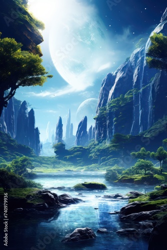 A serene scene of a small habitable exoplanet. Sci-fi alien planet  futuristic imagine of alien planet