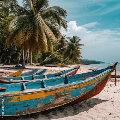 The image shows a serene tropical beach scene with a blue sky, where several brightly colored, weathered boats are resting on white sand, with lush palm trees providing shade and a backdrop of a calm  © StasySin