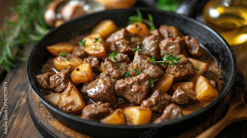 The image showcases a close-up view of a rustic cast iron skillet filled with a hearty beef stew, which includes tender chunks of beef and golden-brown potatoes, garnished with fresh sprigs of thyme. 