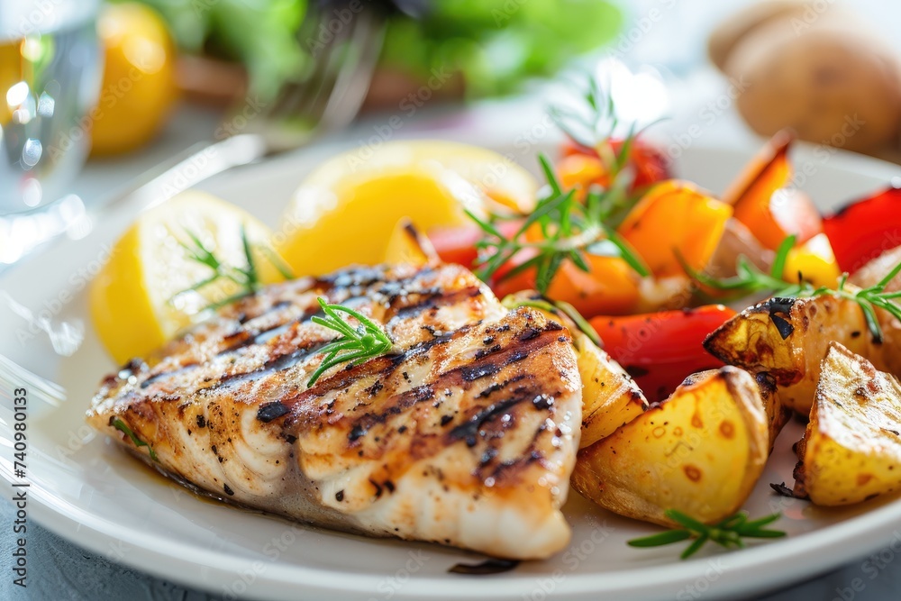 Grilled fish with roasted potatoes and vegetables on the plate. Grilled fish with roasted potatoes and vegetables on the plate.