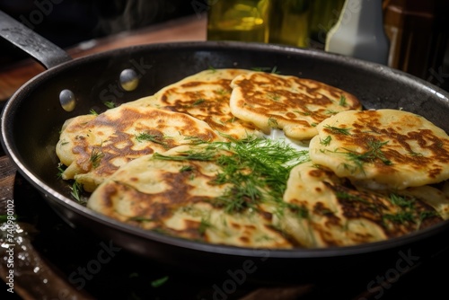 Frying flatbread filled with fresh herbs and cheese. Khychiny or qutab.