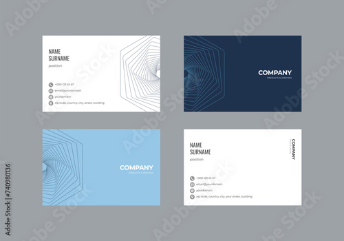 Premium business card template with colored blue and gray background and geometric lines, icons for contact information