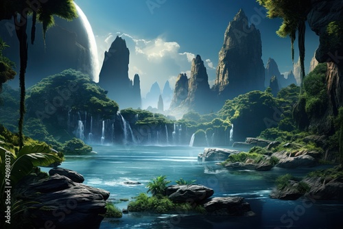 A serene scene of a small habitable exoplanet. Sci-fi alien planet, futuristic imagine of alien planet