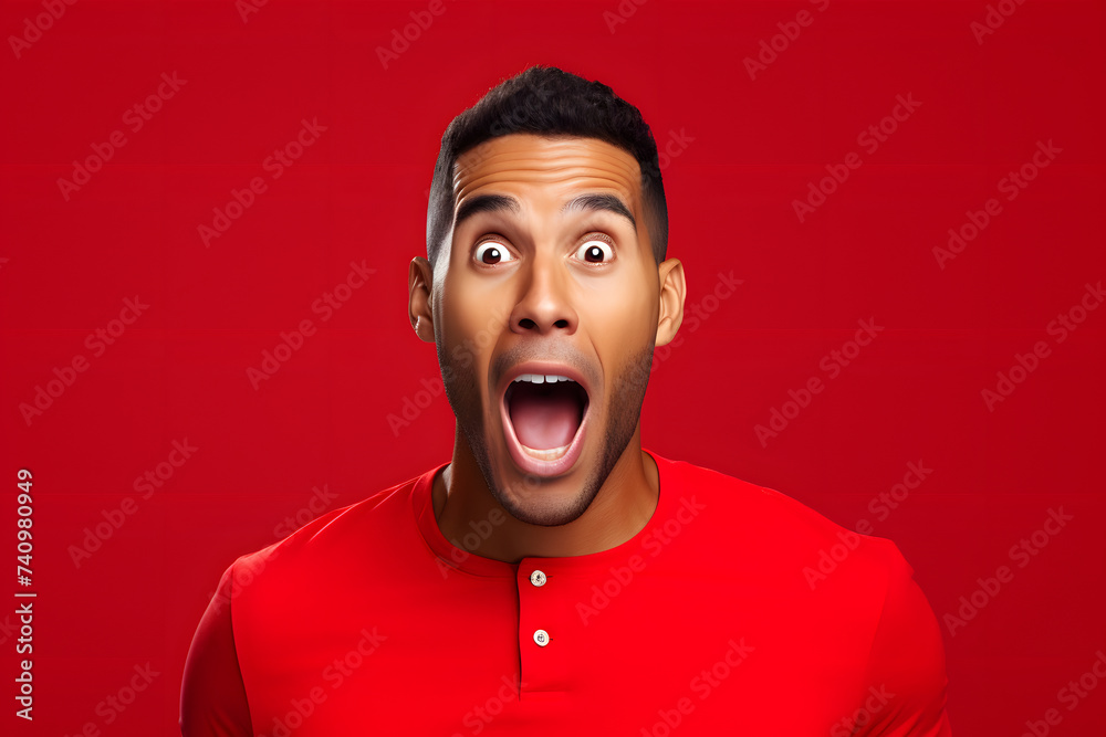 Laughing African American young man in red t-shirt on a red background. Funny exited man. Happy celebration concept