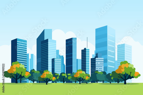Modern metropolis. Business district of the city. Tall skyscrapers and office buildings against a background of green grass and trees. Eco-friendly city.