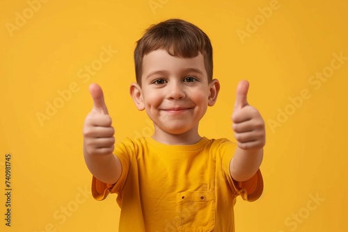 Portrait of happy small caucasian boy in front of yellow background thumbs up - Childhood growing up and achievement concept - front view waist up copy space