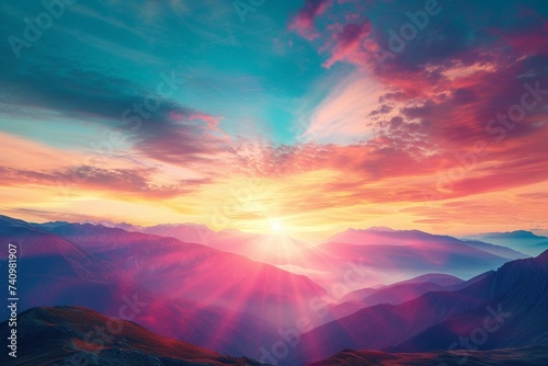 Panoramic view of colorful sunrise in mountains. Concept of the awakening wildlife, romance,emotional experience in your soul, joy in mundane life.