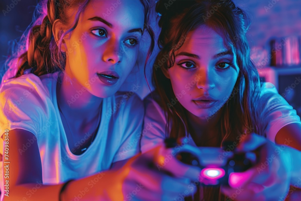 Two girls playing video game together.