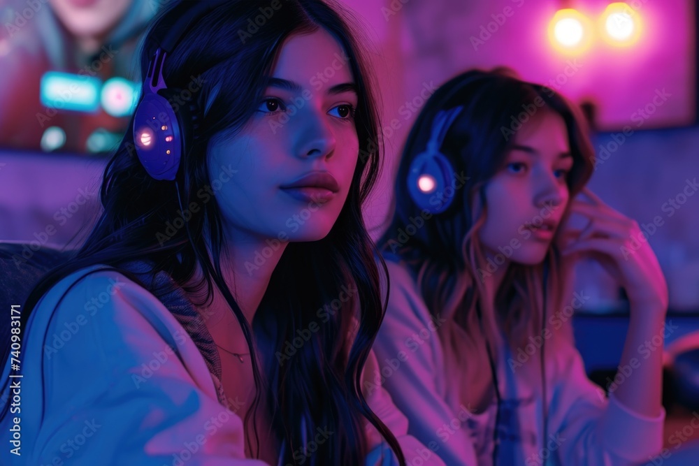 Two girls playing video game together. Two girls playing video game together.