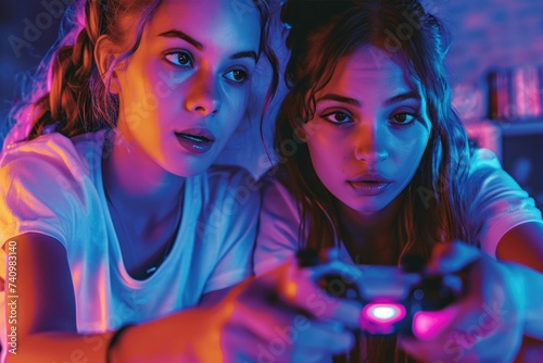 Two Girls Playing Video Game Together