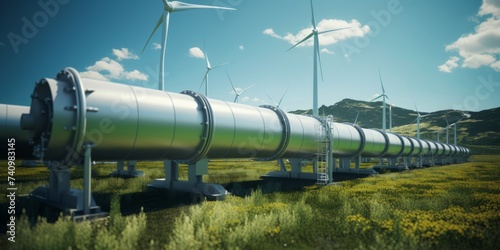 water pipeline in a green field against the background of windmills Generative AI
