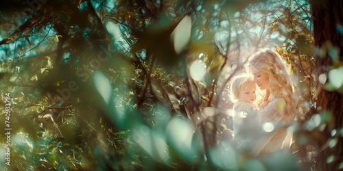 The image captures a serene moment as a mother, bathed in the golden hues of sunlight filtering through the dense foliage, lovingly cradles her young child. The surrounding greenery shrouds them in an