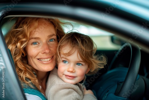 A woman with curly blonde hair and blue eyes smiles warmly at the camera while holding a young child with wavy hair and bright eyes on her lap, both looking cozy and happy, seated inside a car with na