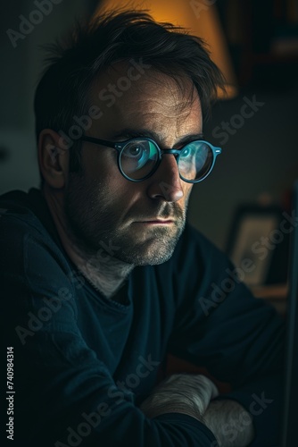 a man looking at his computer and the screen reflected in his glasses