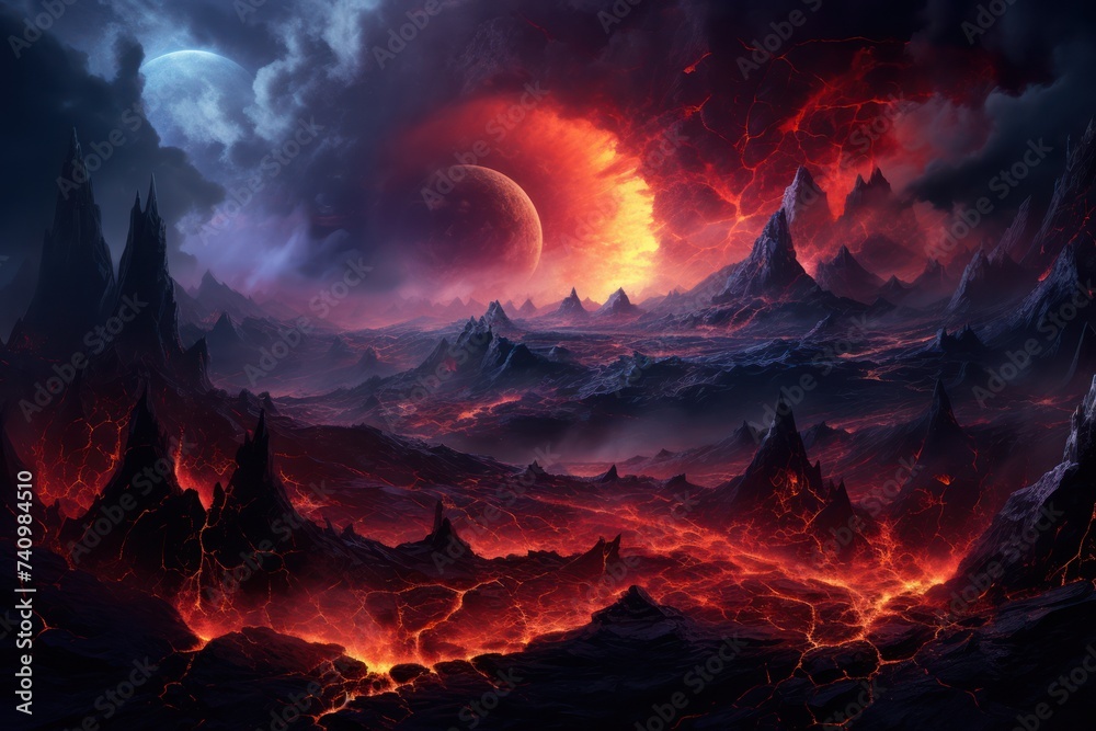 Surreal space scene featuring a planet with volcanoes