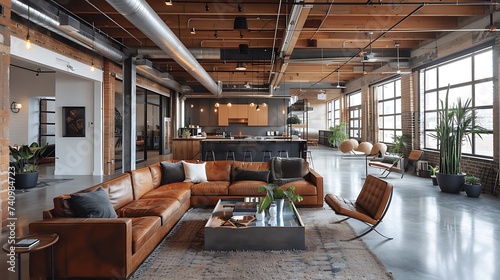 Minimalist urban loft style office with open floor plans and industrial, chic decor, large, scale workplace design