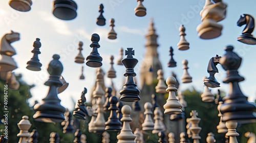 The image features an array of black and white chess pieces, seemingly floating in a chaotic configuration, bathed in soft sunlight with a gentle blur effect highlighting the background. The focus is 