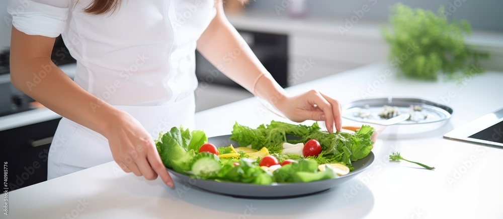 Young woman cooking food in a modern home kitchen. Female hands cutting vegetables on kitchen desk and preparing dish for her family. Lifestyle moment. Generative ai Young woman cooking food in a modern home kitchen. Female hands cutting vegetables on kitchen desk and preparing dish for her family. Lifestyle moment. Generative ai
