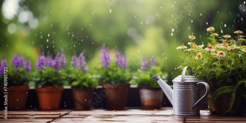 Garden Flowers and Plants on Sunny wooden table, blurred Background with rain drops. Copy space, springtime concept. Beautiful floral card with bokeh brilliant sparkling. Generative ai