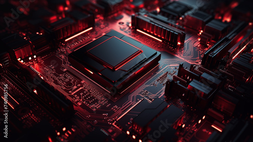 An abstract hardware electronic circuit board and tech background, with dark red lights