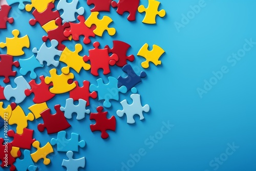 World Autism Awareness Day or month concept. Creative design for April 2. Blue  red  yellow jigsaw puzzles  symbol of awareness for autism spectrum disorder on blue background. Top view  copy space