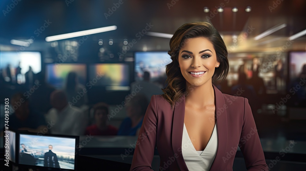 A professional female newscaster reports on the events of the day in a live news studio. - obrazy, fototapety, plakaty 