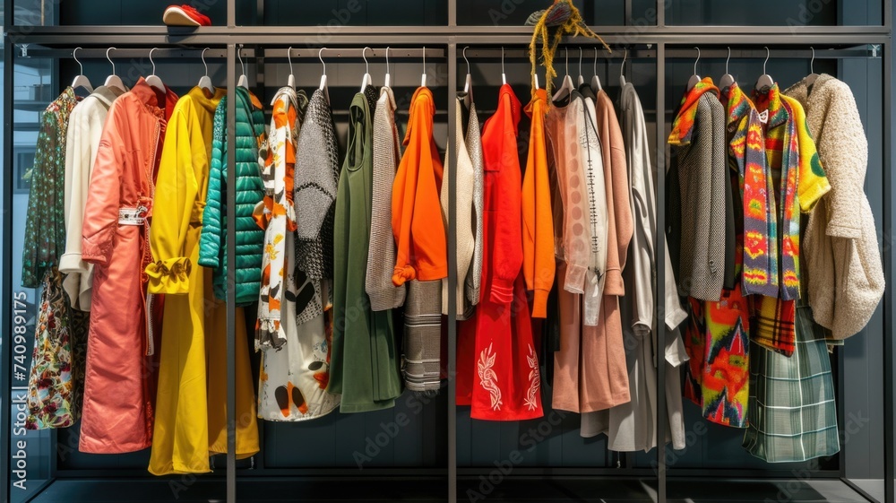 Color-Coordinated Selection of Outerwear on Rack in Clothing Store, Assorted Fashionable Vintage Clothing on Hangers second-hand clothing,