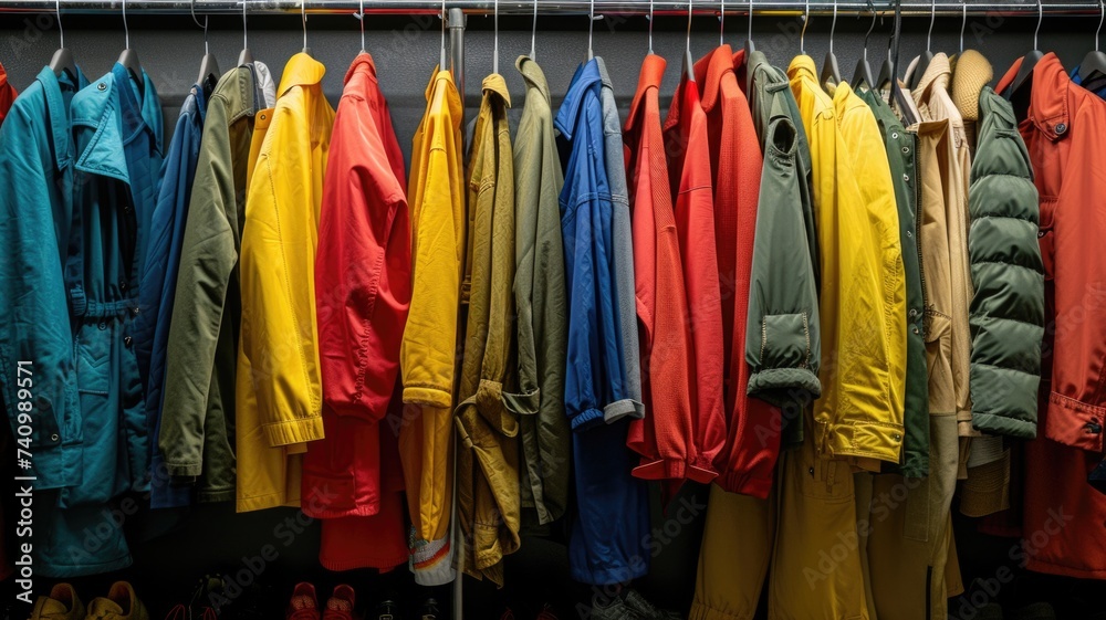 Color-Coordinated Selection of Outerwear on Rack in Clothing Store, Assorted Fashionable Vintage Clothing on Hangers second-hand clothing,