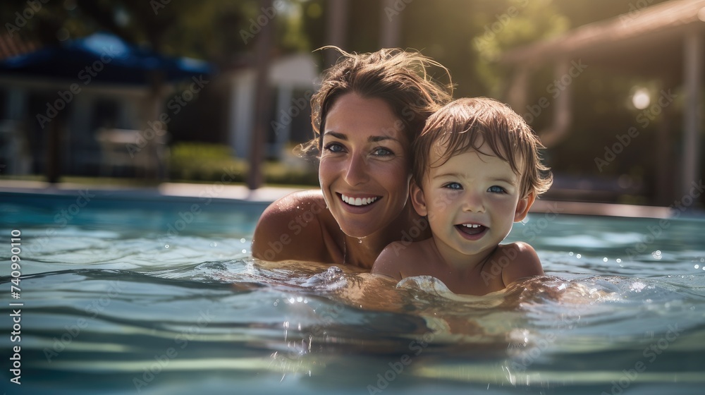 Aquatic Bonding: A heartwarming scene of a woman teaching her son to swim, emphasizing the joy of parent-child bonding and aquatic education Aquatic Bonding: A heartwarming scene of a woman teaching her son to swim, emphasizing the joy of parent-child bonding and aquatic education