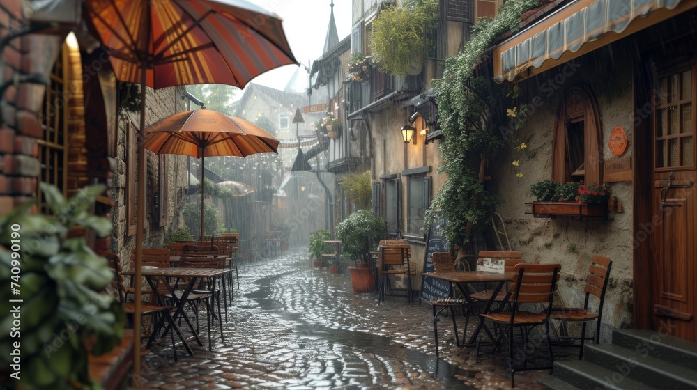 Obraz premium A European cobblestone street lined with tables and umbrellas on a rainy day, A cozy, rain-soaked street cafe in an old European town, AI Generated